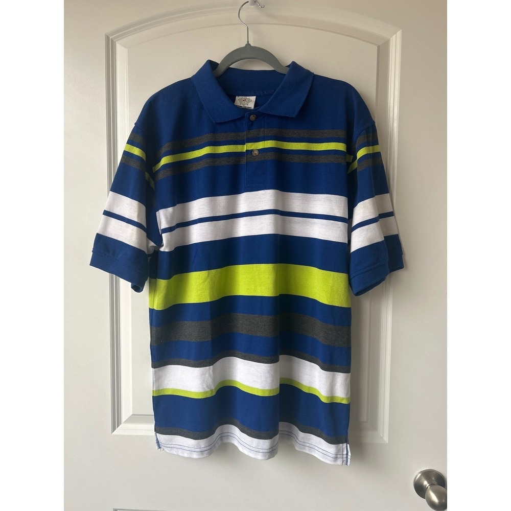 Beyond The Limit Mens XL Blue Striped Short Sleeve Polo Shirt Lime White Grey